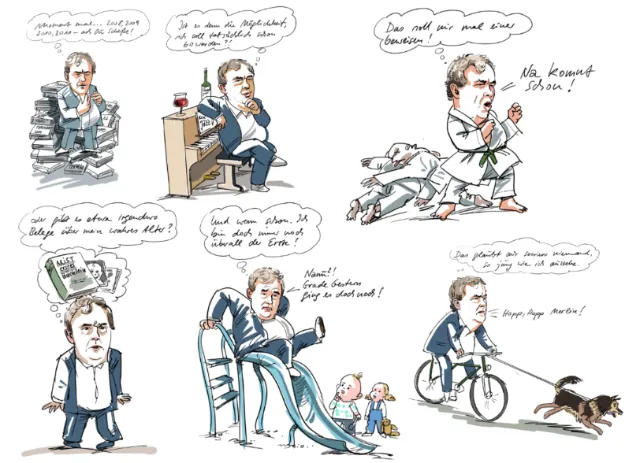 Cartoon illustrations of a man shown in various activities by Björn von Schlippe