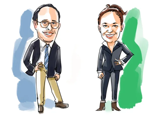 Caricature of a man and woman in business suits by Björn von Schlippe
