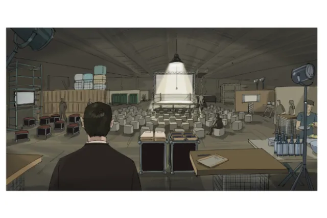 Man in film studio observing empty seats and film equipment by Björn von Schlippe