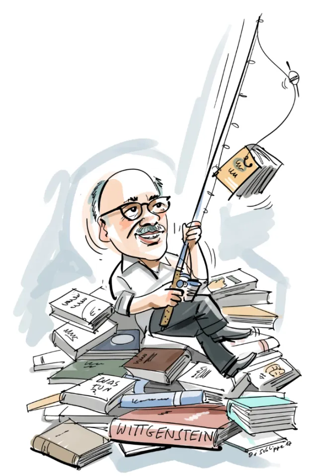 Caricature of a man fishing with a rod holding a book, surrounded by philosophy books by Björn von 