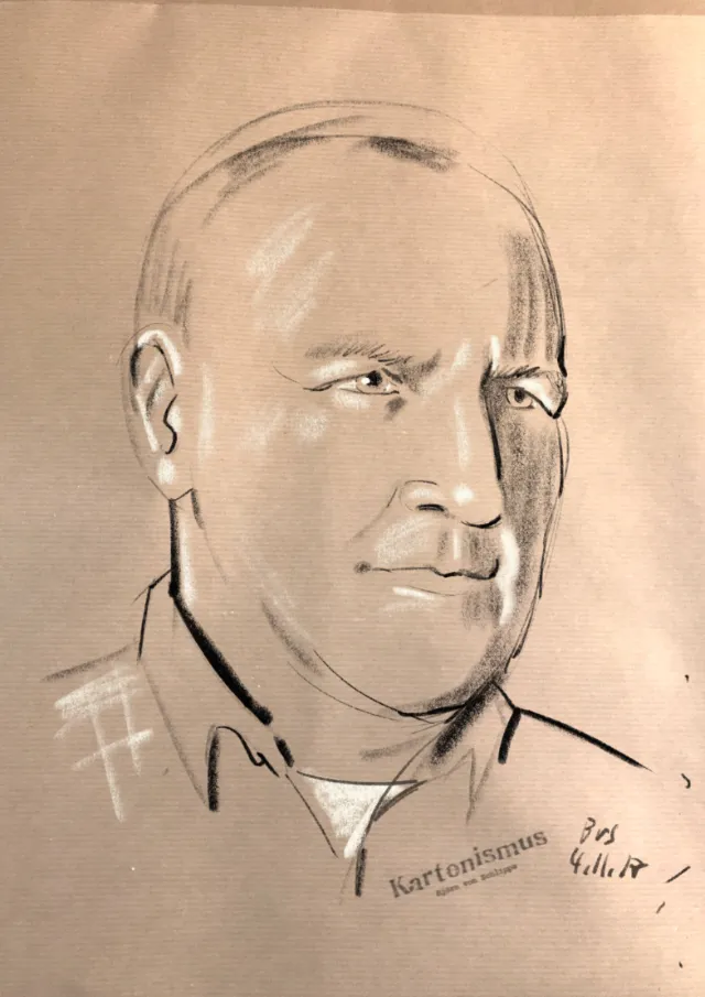 Charcoal portrait of a bald man by Björn von Schlippe
