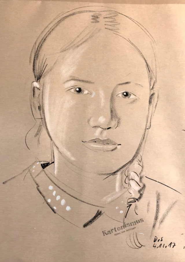 Pencil portrait of a young woman with braided hair by Björn von Schlippe