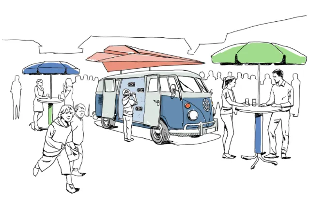 Vintage blue food truck serving customers under umbrellas by Andreas Schickert