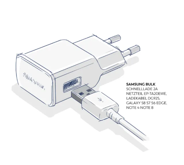 Samsung 2A fast charger and USB cable illustration by Andreas Schickert