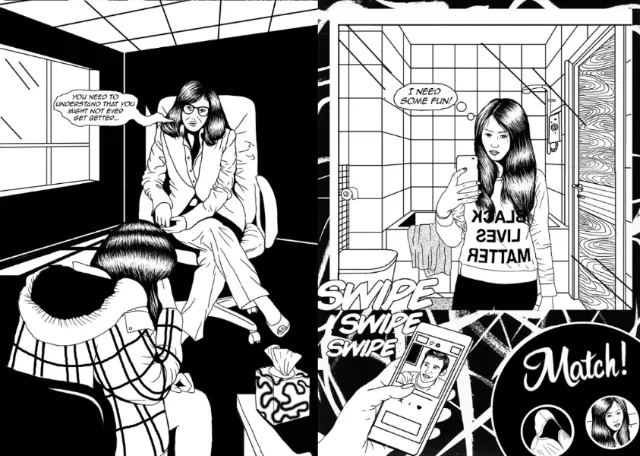 Black Lives Matter comic panels featuring a woman and a photographer by Cat Sims