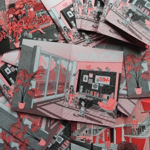 Cat Sims illustration of red palms, storefronts, pedestrians, and geometric urban architecture
