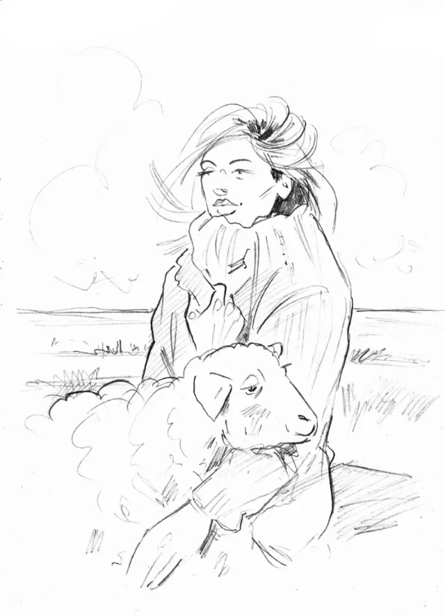 Line drawing of girl with sheep