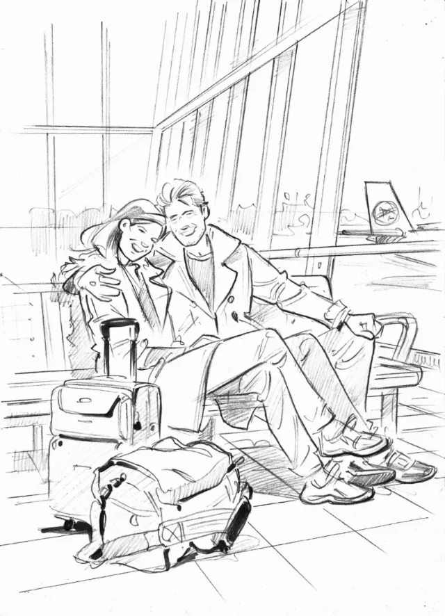 Line drawing of couple at airport