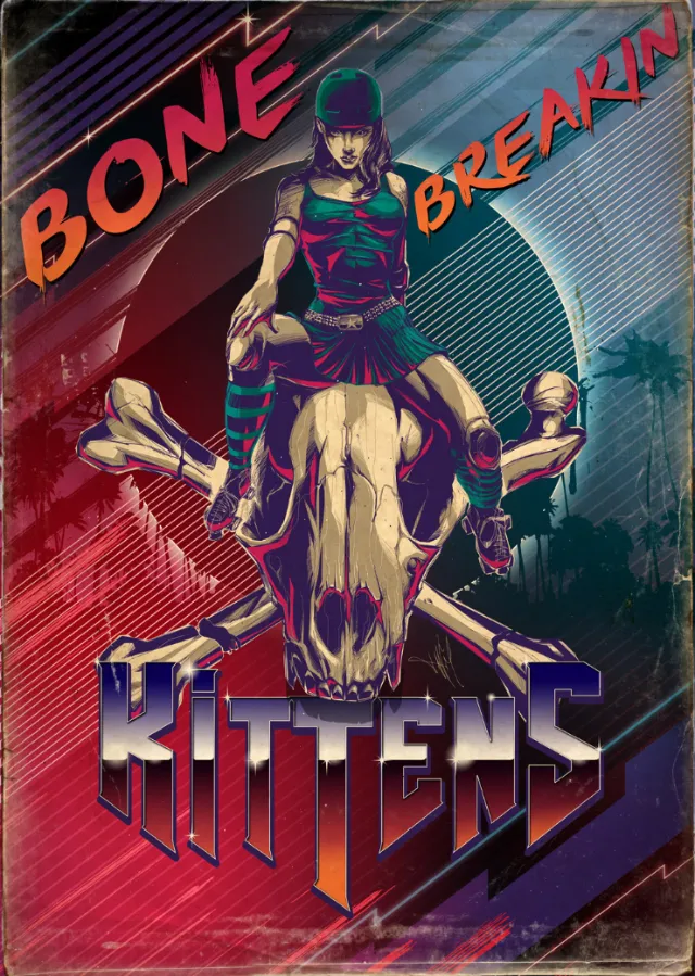 Poster of woman riding a skull with text Bone Breakin Kittens by Jan Meininghaus