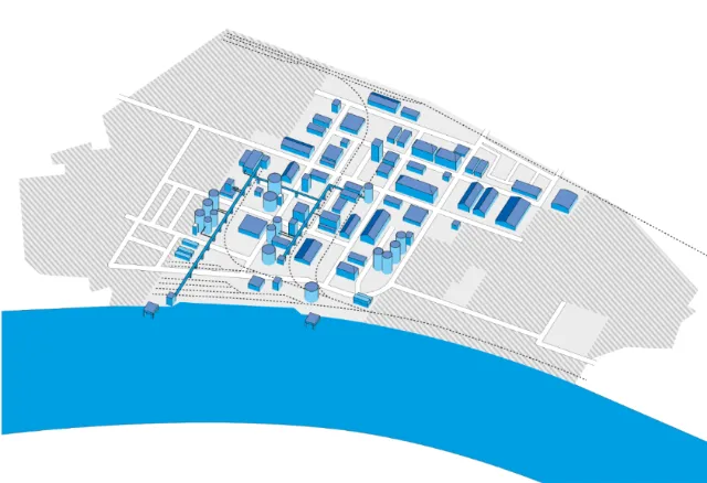 3D urban model with blue buildings near a river by Tobias Wandres