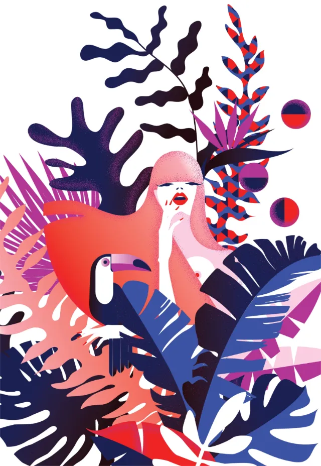 Abstract woman with tropical leaves and geometric shapes by Yordanka Poleganova