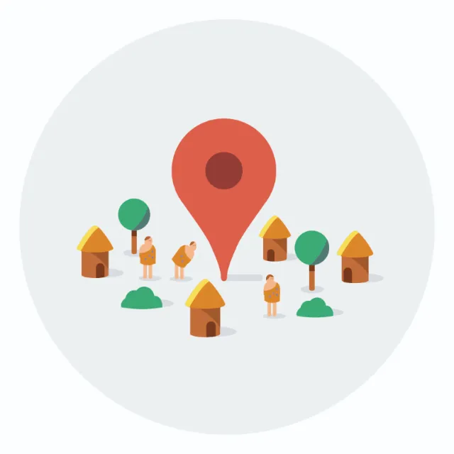 Graphic location icon with huts