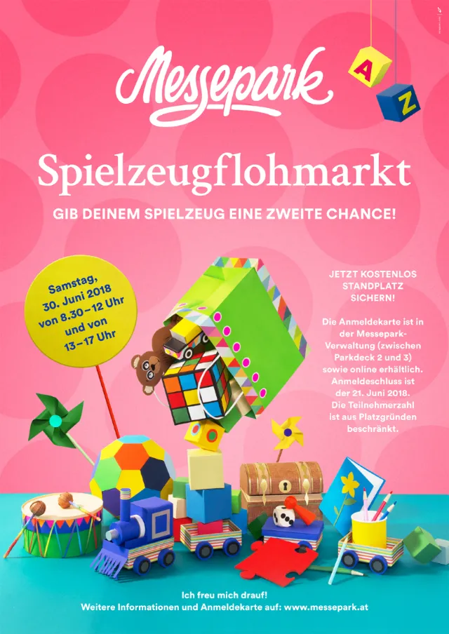 Messepark Spielzeugflohmarkt poster with colorful toys and event details by Martha von Maydell