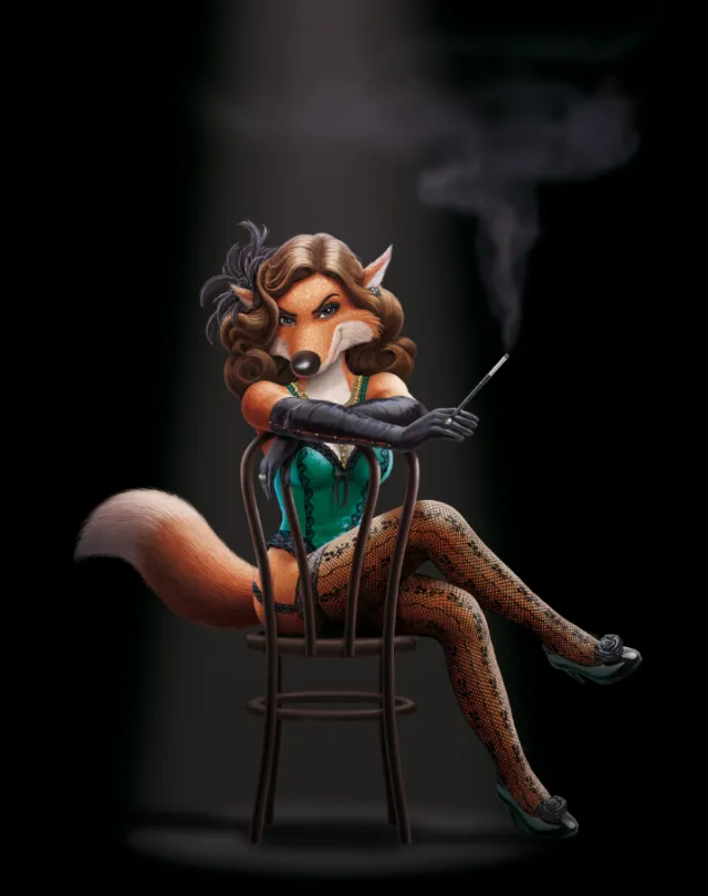 Anthropomorphic fox in vintage corset and stockings holding a cigarette by Kai Klimiont