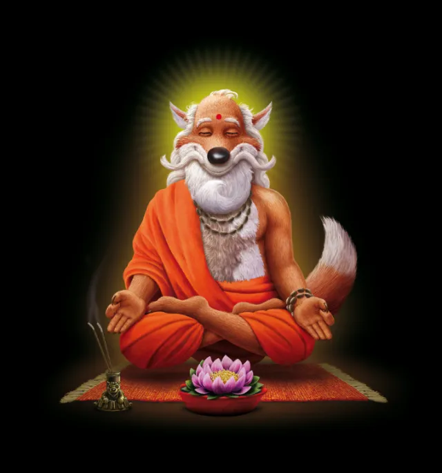Meditating fox spirit with white beard and orange robe by Kai Klimiont