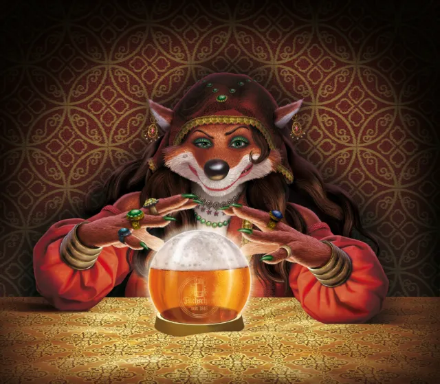 Mystical fox in robes with a glowing crystal ball by artist Kai Klimiont