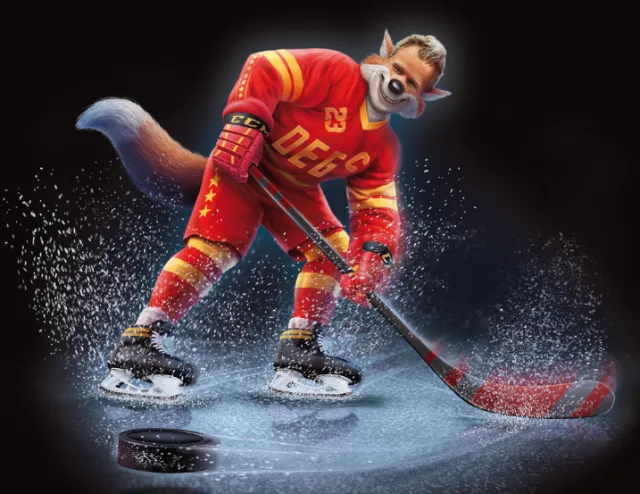 Fox in red ice hockey uniform skating and handling puck on ice by Kai Klimiont