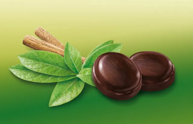 Carob pods with green leaves on gradient background by Kai Klimiont