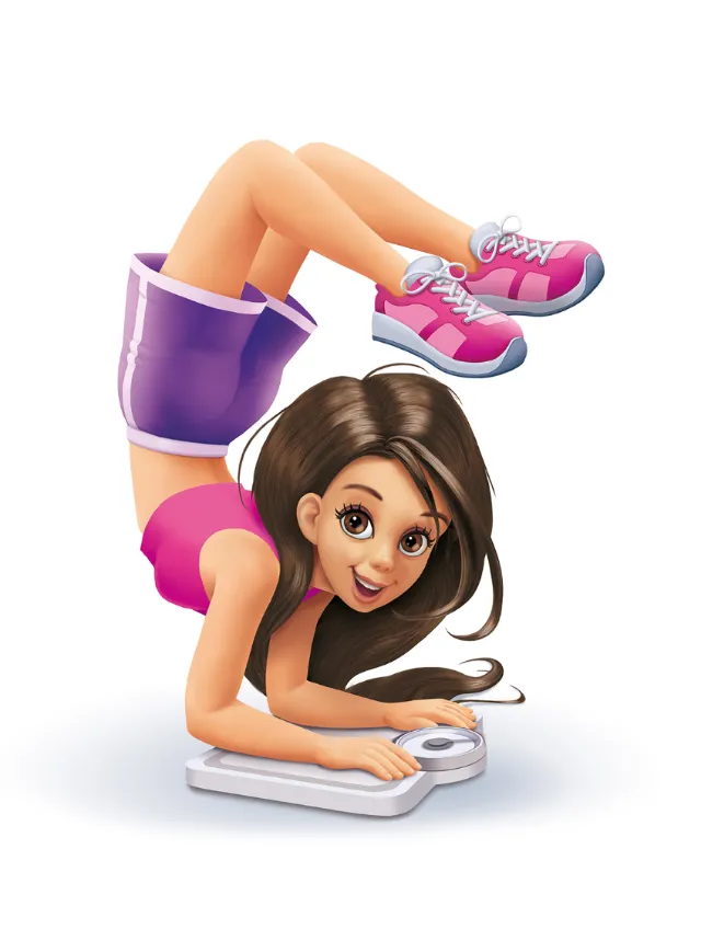 Cartoon girl in pink athletic wear doing a flexible pose on a scale by Kai Klimiont