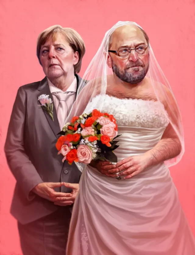 Two political figures dressed in wedding attire with one holding a bouquet by POW!!!