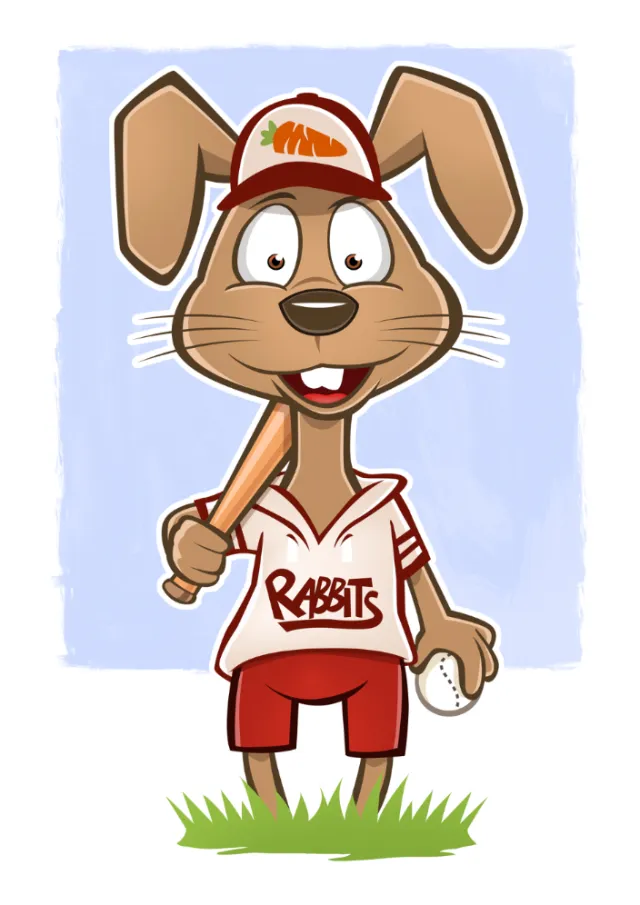Cartoon rabbit baseball player holding bat and ball by Thies Schwarz