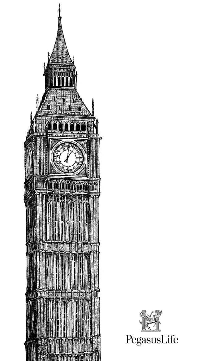 Black and white illustration of clock tower