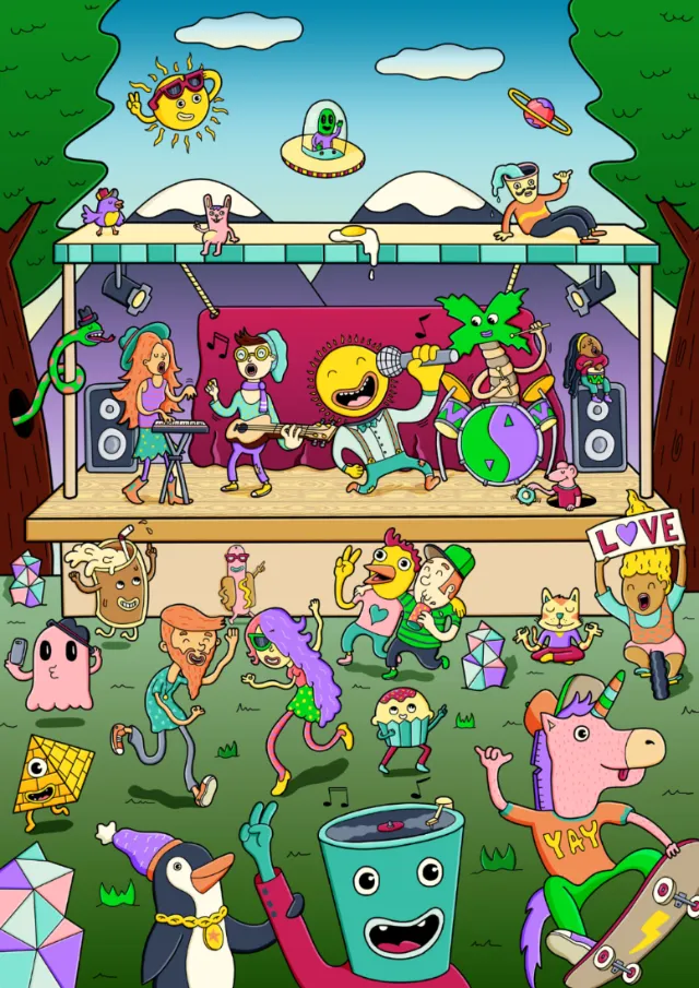 Whimsical cartoon band performing on stage by artist Daniel Sulzberg