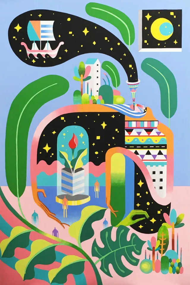 Fantastical landscape combining earth and cosmos