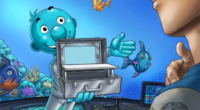 Illustration of cartoon character showing box
