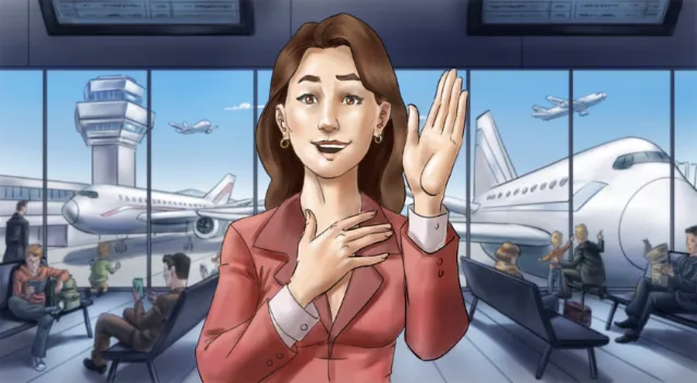 Illustration of woman in airport lounge
