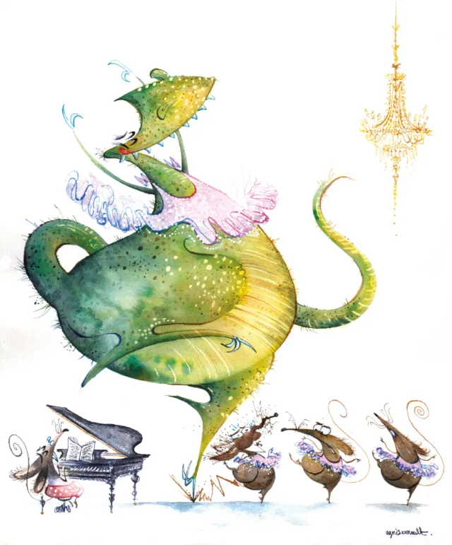 Comic illustration of dancing dragon