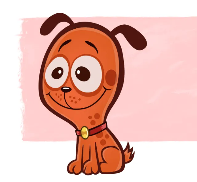 Cartoon brown dog with big eyes sitting on pink background by Thies Schwarz