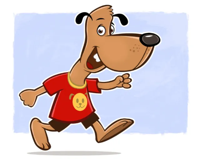 Happy cartoon brown dog in red shirt walking forward by Thies Schwarz