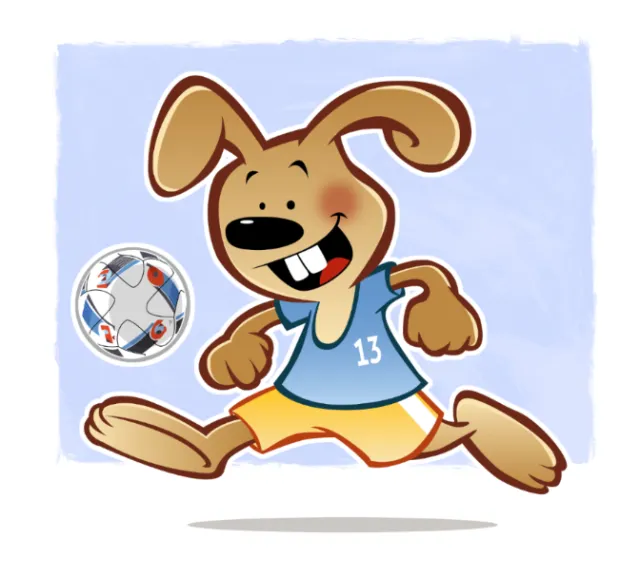 Cartoon dog playing soccer, smiling and kicking ball by Thies Schwarz