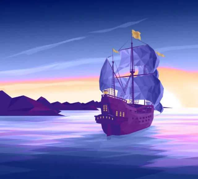 Sailing ship on calm sea at sunset with mountains in background by Tobias Wandres