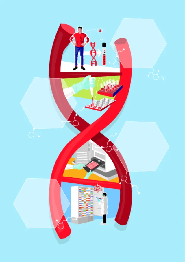 DNA double helix illustration with lab scenes inside by Tobias Wandres