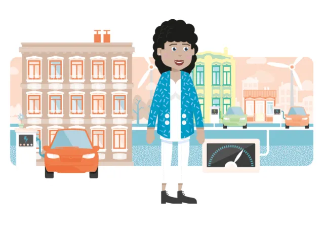 Illustration of person near electric car charging station in city by Tobias Wandres