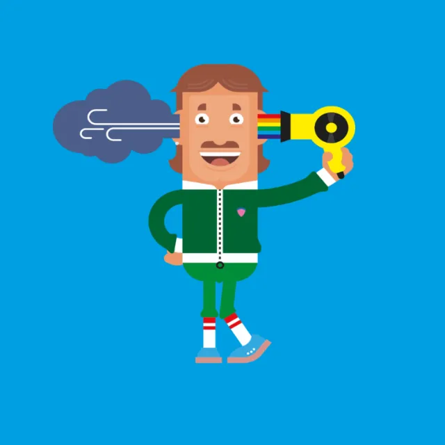 Illustration of a man drying hair with a hairdryer, by Tobias Wandres