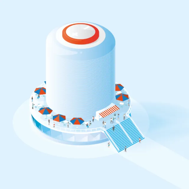 Isometric building with rooftop umbrellas and people by Tobias Wandres