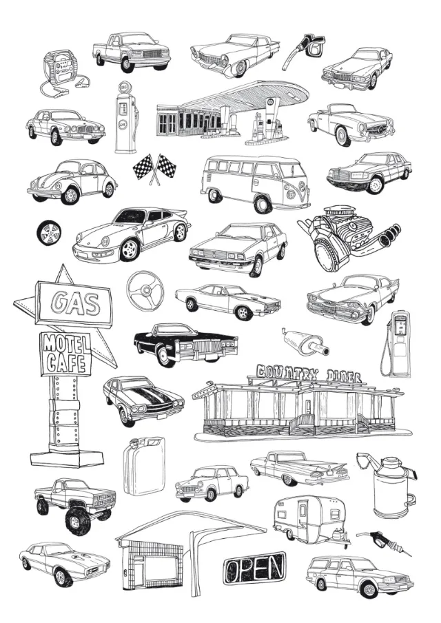 Graphic line art of cars