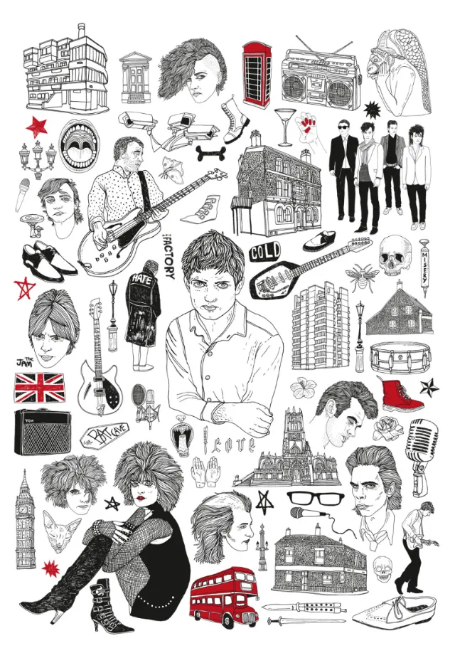 Line art people and buildings