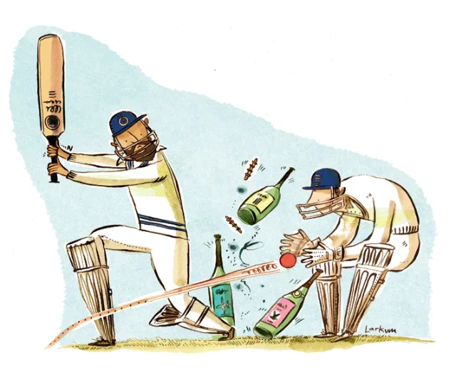 Watercolor painting of playing cricket with wine bottles