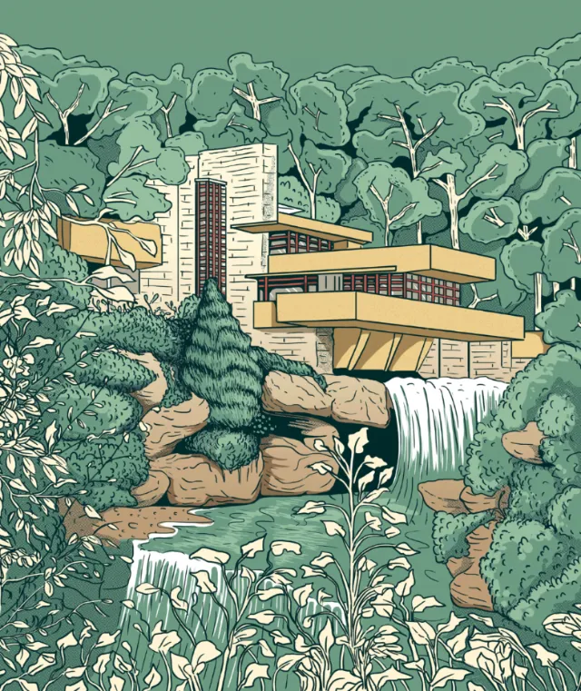Modern house near waterfall and forest by Cat Sims