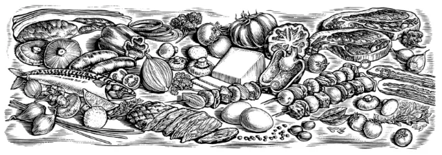 Black and white illustration of vegetables