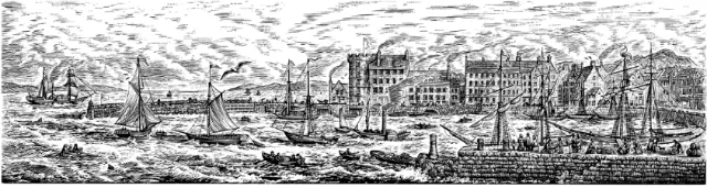 Black and white illustration of port area