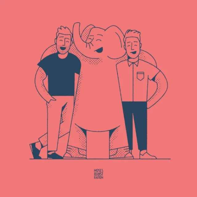 Line art of people with elephant
