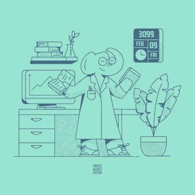 Line illustration of elephant scientist

