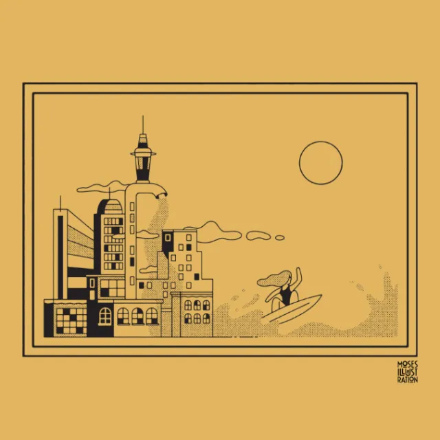 Line art of building near ocean
