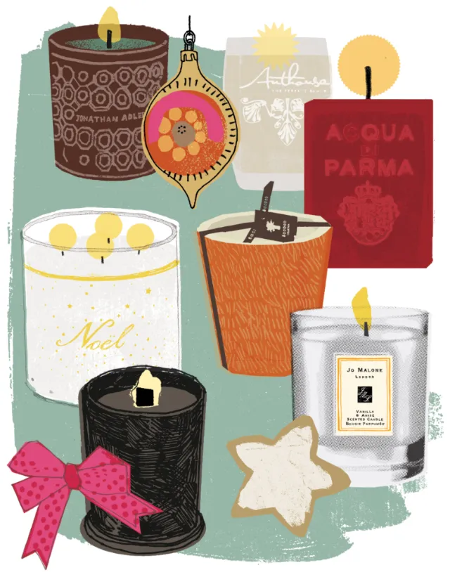 Decorative candle illustration by Kavel Rafferty featuring colorful patterned containers and festive
