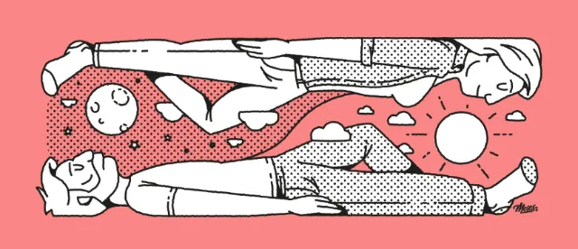 Line drawing of people upside down
